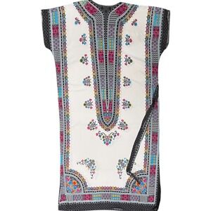 Kraton Mas Muumuu Kaftan Dress White‎ Multi Color Geometric Floral Bohemian Maxi
